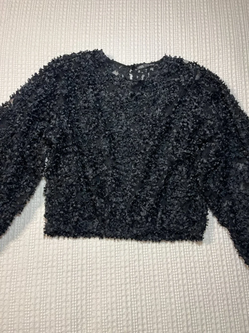 Zara Black 3D Floral Applique Sheer Mesh Top Long Wide Sleeve Large